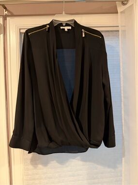 Chaus Black Wrap Blouse with Gold Zipper Shoulder Detail